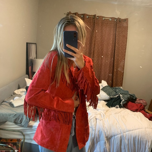 Denim & CO Red Leather Fringe Jacket XS - Picture 4 of 8